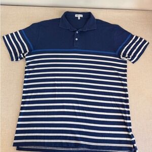 Peter Millar Mens Navy Blue White Striped Short Sleeve Polo Shirt Size L Peru